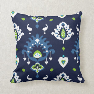 Cool dark navy blue and green tribal ikat print cushion