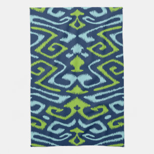 Cool dark navy blue and green tribal ikat print tea towel