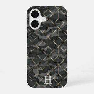 Cool Dark Olive Camo & Gold Geometric Monogram iPhone 16 Case