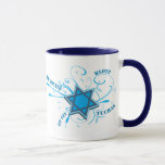 Cool David Star & Yiddish Words Blue Mug<br><div class="desc">This illustration features a Magen David, also known as Star of david or David shield. The Magen David Is the most famous symbol of the Jewish people and It Proudly appears on the Israeli Flag. The Shield is blue and has some nice stylish swirls behind it along with classic Yiddish...</div>