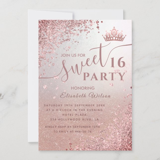 Cool diamond glitter rose gold tiara sweet 16  invitation (Front)