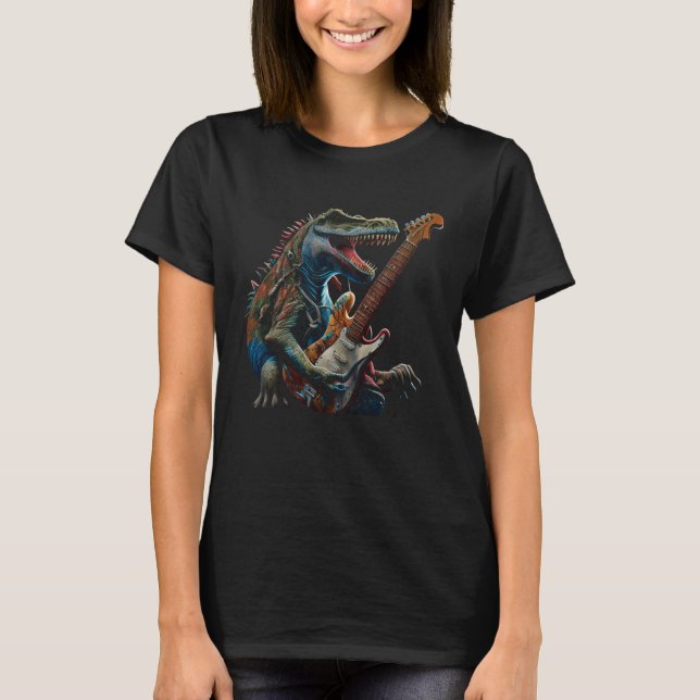 Cool Dinosaur Guitar Graphic T-Shirt (Front)