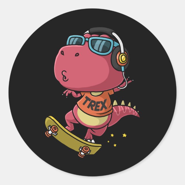 Cool dinosaur playing skateboard classic round sticker (Front)