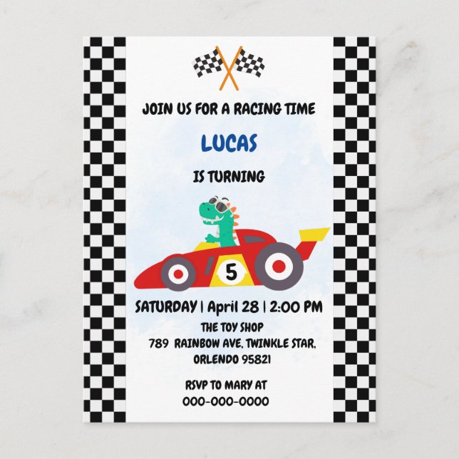Cool Dinosaur Red race car boy kids Birthday party Invitation Postcard (Front)