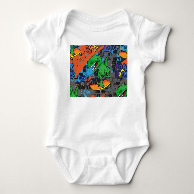 Cool Dinosaur Skateboard Seamless Pattern Baby Bodysuit (Front)