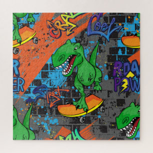 Cool Dinosaur Skateboard Seamless Pattern Jigsaw Puzzle