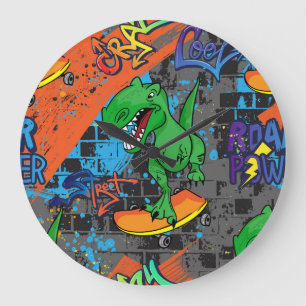 Cool Dinosaur Skateboard Seamless Pattern Large Clock
