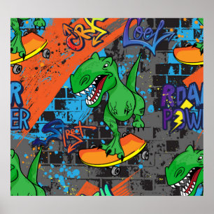 Cool Dinosaur Skateboard Seamless Pattern Poster
