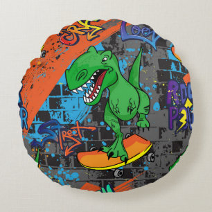 Cool Dinosaur Skateboard Seamless Pattern Round Cushion