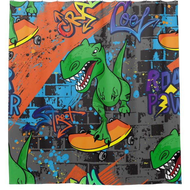 Cool Dinosaur Skateboard Seamless Pattern Shower Curtain (Front)