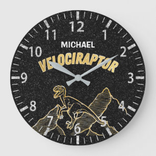Cool Dinosaur Velociraptor Gold Lineart Clock