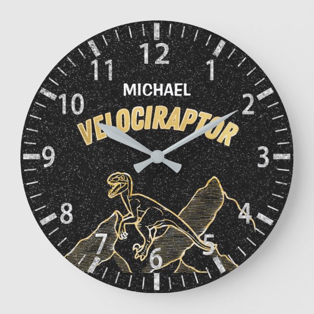 Cool Dinosaur Velociraptor Gold Lineart Clock (Front)