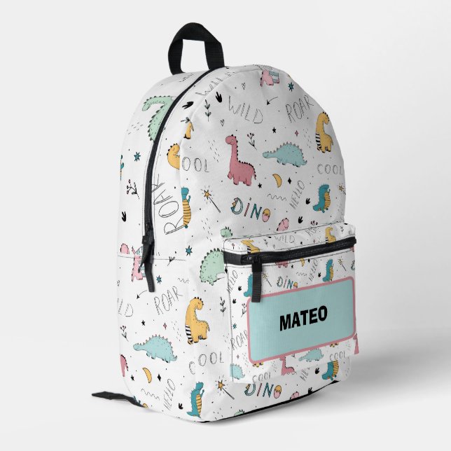 Cool Dinosaur with name School Printed Backpack (Back Corner Left)