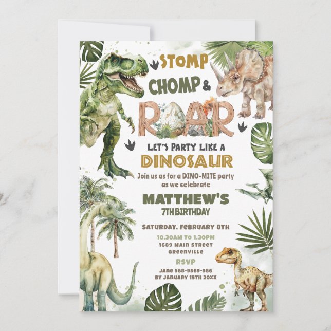 Cool Dinosaurs Jurassic Greenery Roarsome Birthday Invitation (Front)