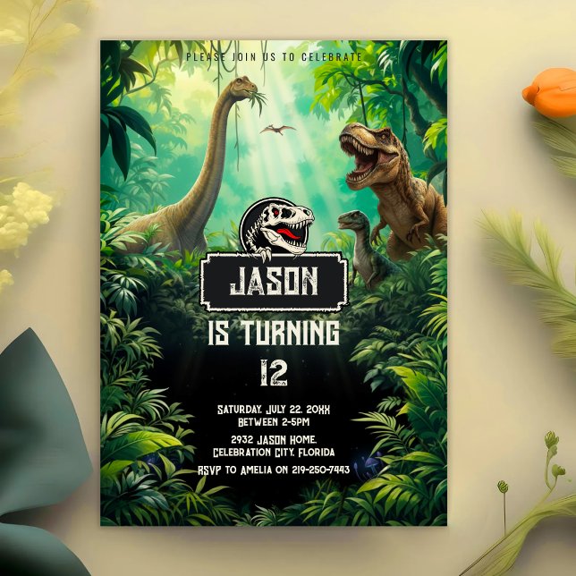 Cool Dinosaurs World Jurassic Greenery Birthday Invitation (Creator Uploaded)