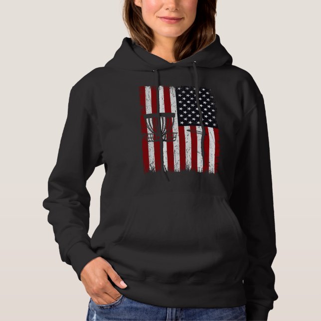 Cool Disc Golf Player Distressed USA American Flag Hoodie (Front)