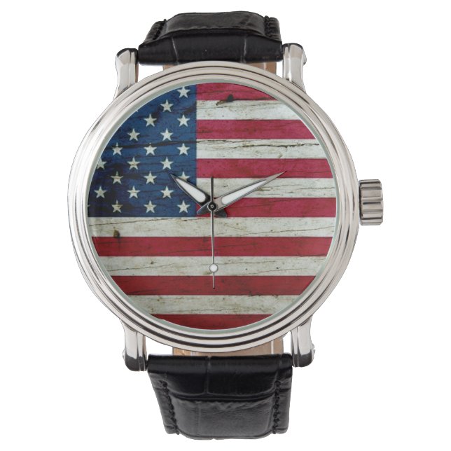 Cool Distressed American Flag Wood Rustic Watch (Front)