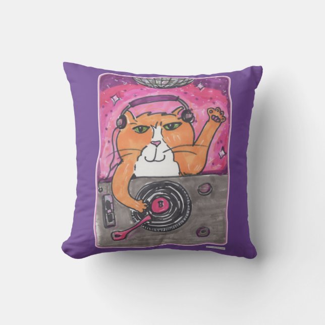 Cool Dj Cat Marker Art Illustration Cartoon Fun Cushion (Front)
