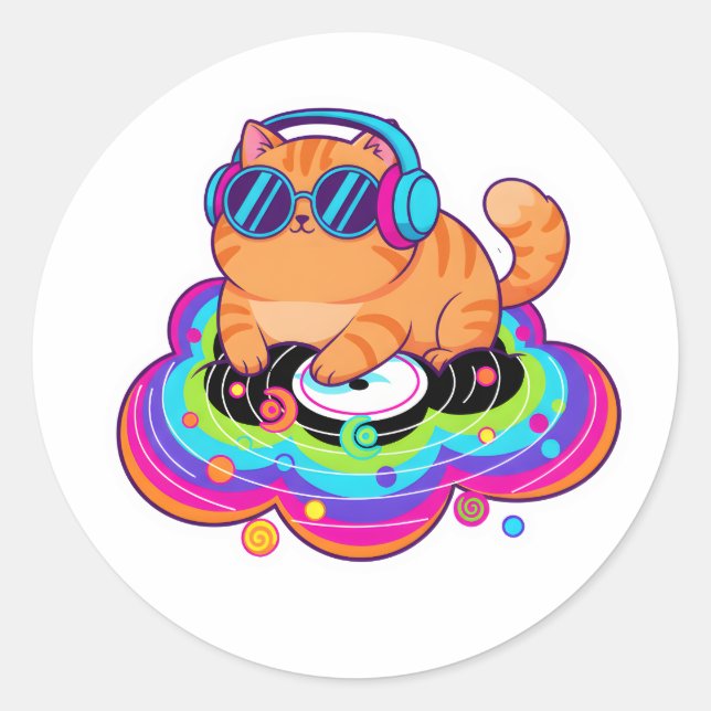 Cool DJ Orange Cat with Headphones on Rainbow Clou Classic Round Sticker (Front)