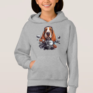 Cool dog biker, cute basset hound dog driver