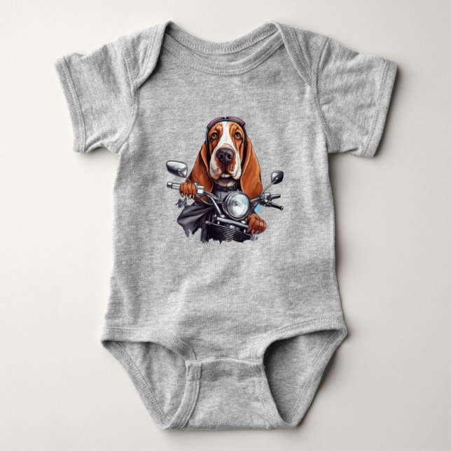 Cool dog biker, cute basset hound dog driver baby bodysuit (Front)
