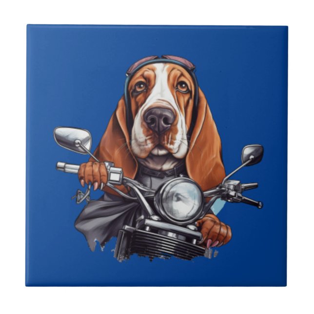 Cool dog biker, cute basset hound dog driver ceramic tile (Front)