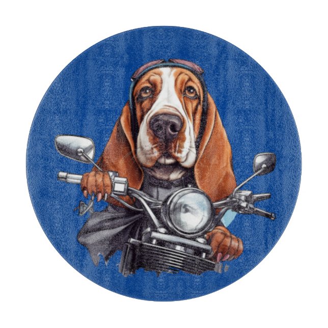 Cool dog biker, cute basset hound dog driver cutting board (Front)