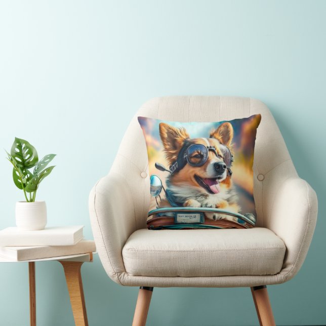 Cool dog biker, cute driving dog throw pillow (Chair)