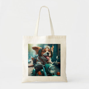Cool dog biker, cute driving dog tote bag