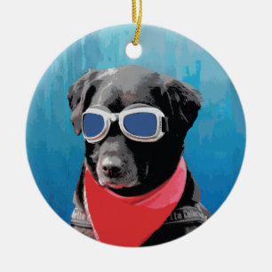 Cool Dog Black Lab Red Bandanna Blue Goggles Ceramic Ornament