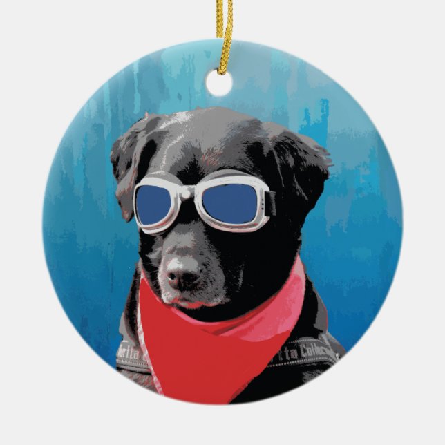 Cool Dog Black Lab Red Bandanna Blue Goggles Ceramic Ornament (Front)