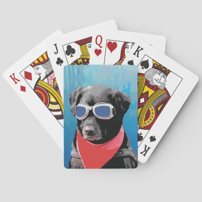 Cool Dog Black Lab Red Bandanna Blue Goggles Playing Cards (Back)