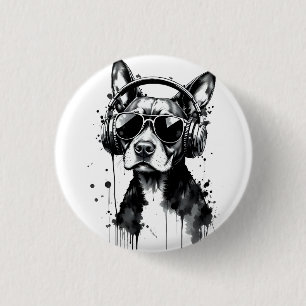 Cool Dog headphones Cute Pets Black and white ink 3 Cm Round Badge