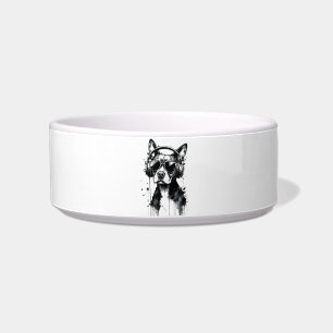 Cool Dog headphones Cute Pets Black and white ink Bowl