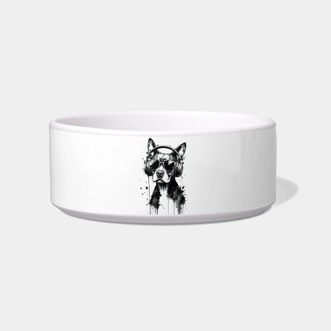 Cool Dog headphones Cute Pets Black and white ink Bowl (Front)
