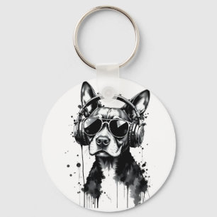 Cool Dog headphones Cute Pets Black and white ink Key Ring
