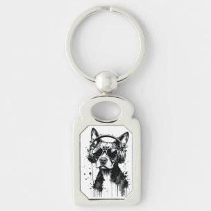 Cool Dog headphones Cute Pets Black and white ink Key Ring