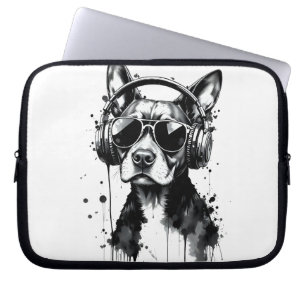 Cool Dog headphones Cute Pets Black and white ink Laptop Sleeve
