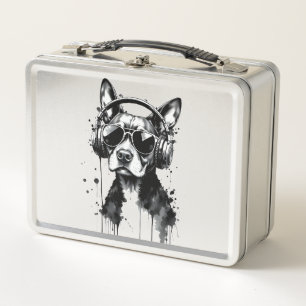 Cool Dog headphones Cute Pets Black and white ink Metal Lunch Box