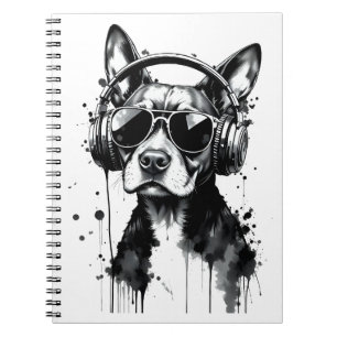 Cool Dog headphones Cute Pets Black and white ink Notebook