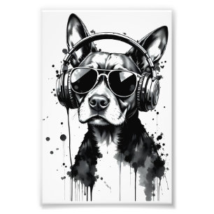 Cool Dog headphones Cute Pets Black and white ink Photo Print