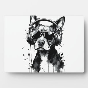 Cool Dog headphones Cute Pets Black and white ink Plaque