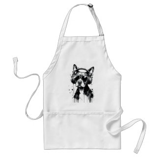 Cool Dog headphones Cute Pets Black and white ink Standard Apron