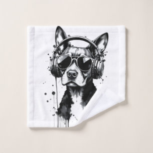 Cool Dog headphones Cute Pets Black and white ink Wash Cloth