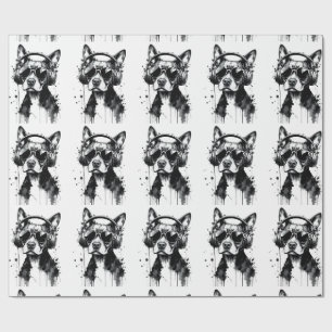 Cool Dog headphones Cute Pets Black and white ink Wrapping Paper