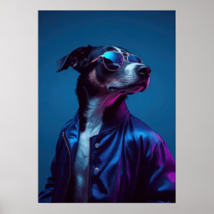 Cool Dog in Blue Jacket - Retro Neon Animal Poster