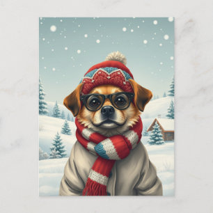 Cool Dog in Preppy Winter Attire and Hat Winter Holiday Postcard