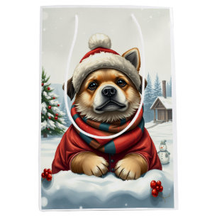 Cool Dog in Preppy Winter Attire and Hat Winter Medium Gift Bag