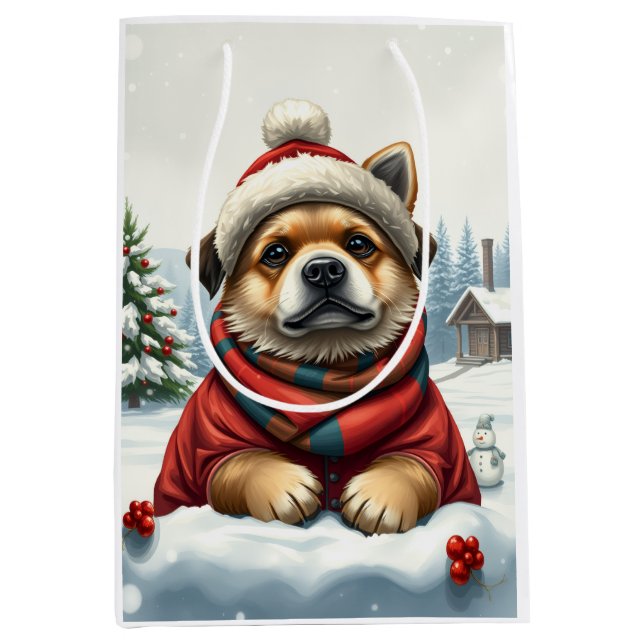 Cool Dog in Preppy Winter Attire and Hat Winter Medium Gift Bag (Front)