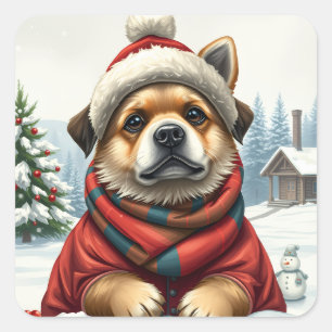 Cool Dog in Preppy Winter Attire and Hat Winter Square Sticker